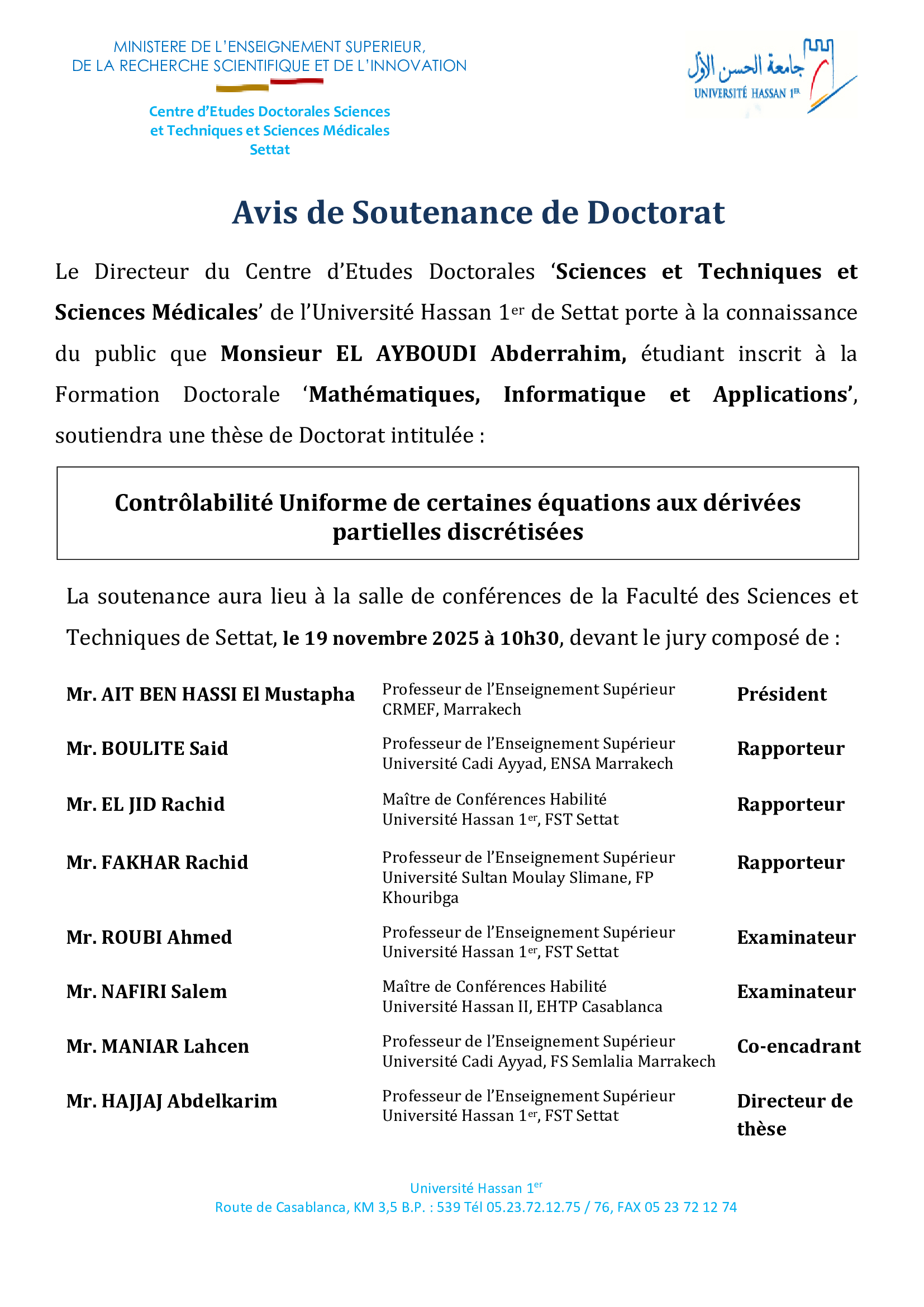Avis de Soutenance de Doctorat