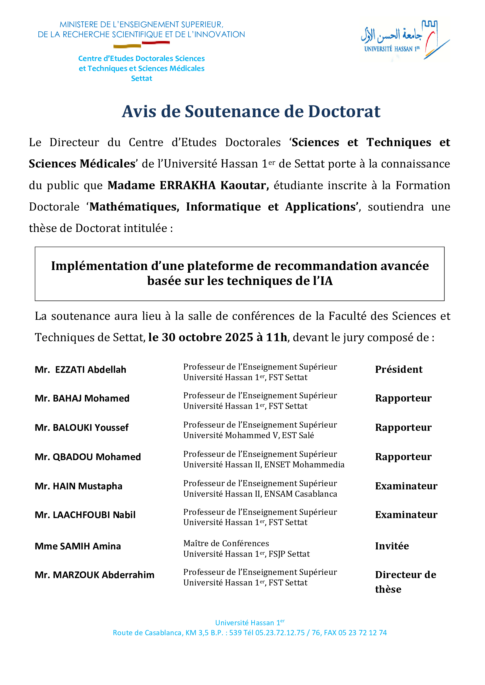 Avis de Soutenance de Doctorat