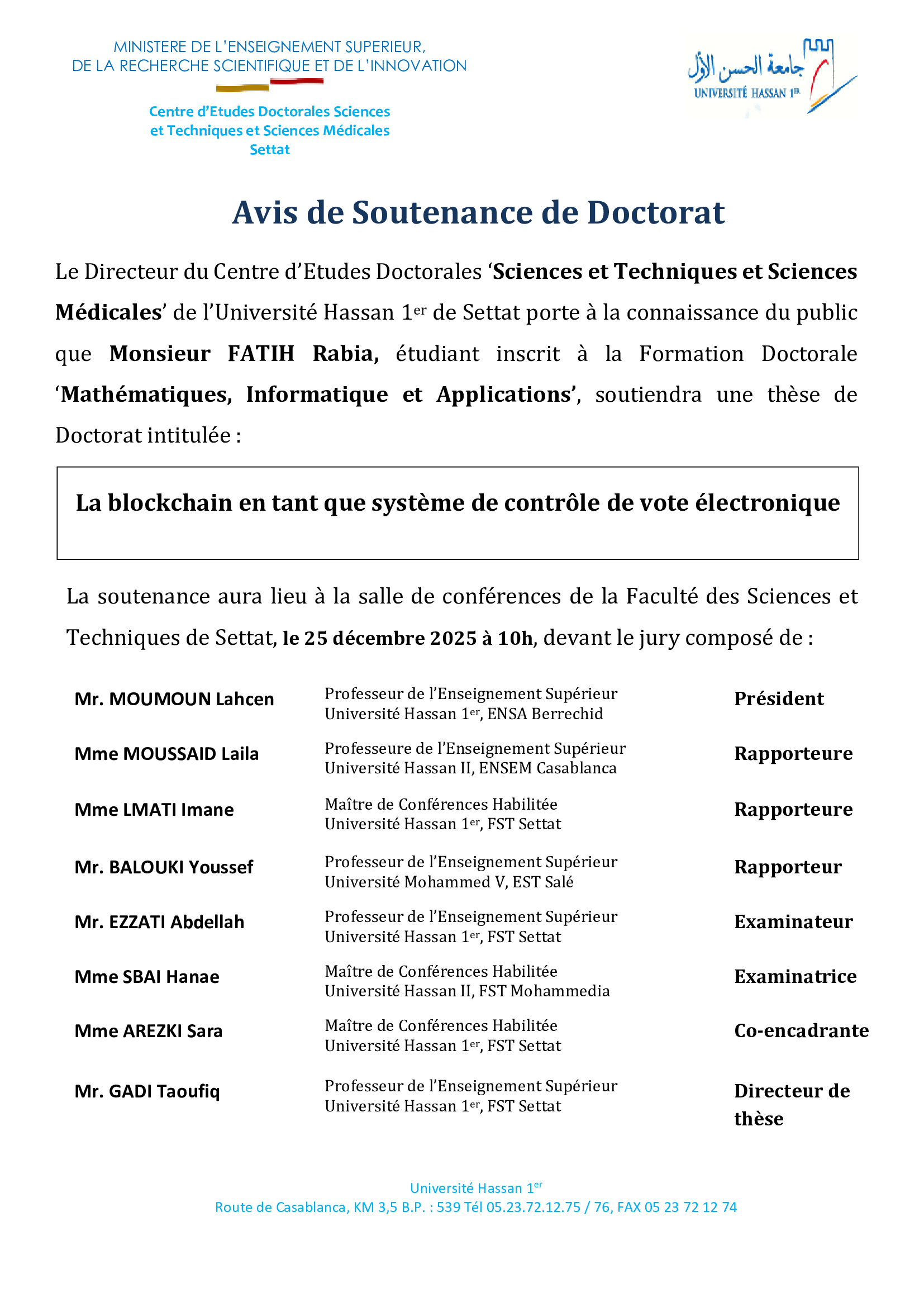 Avis de Soutenance de Doctorat
