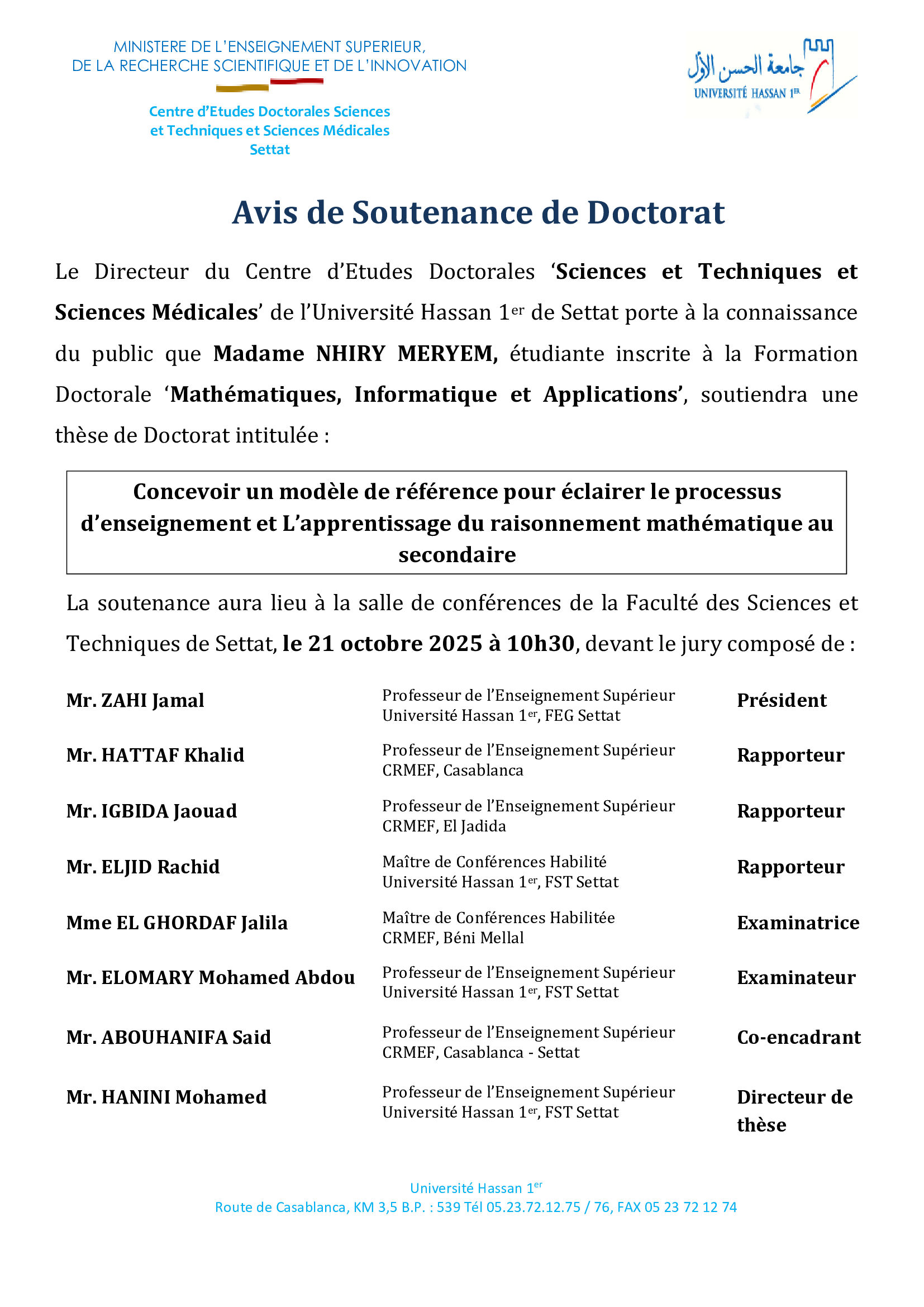 Avis de Soutenance de Doctorat