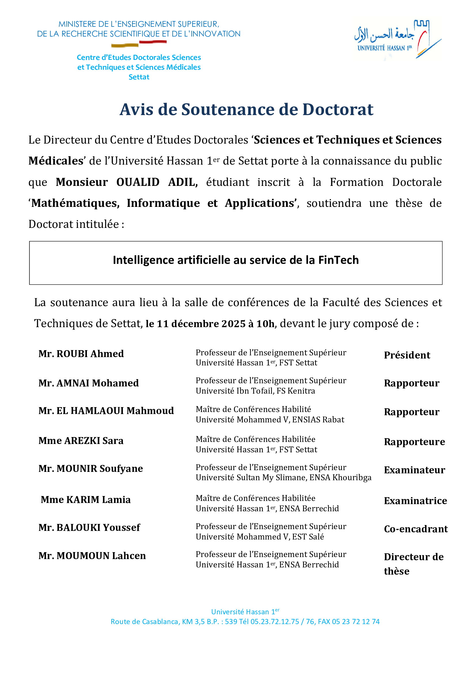 Avis de Soutenance de Doctorat