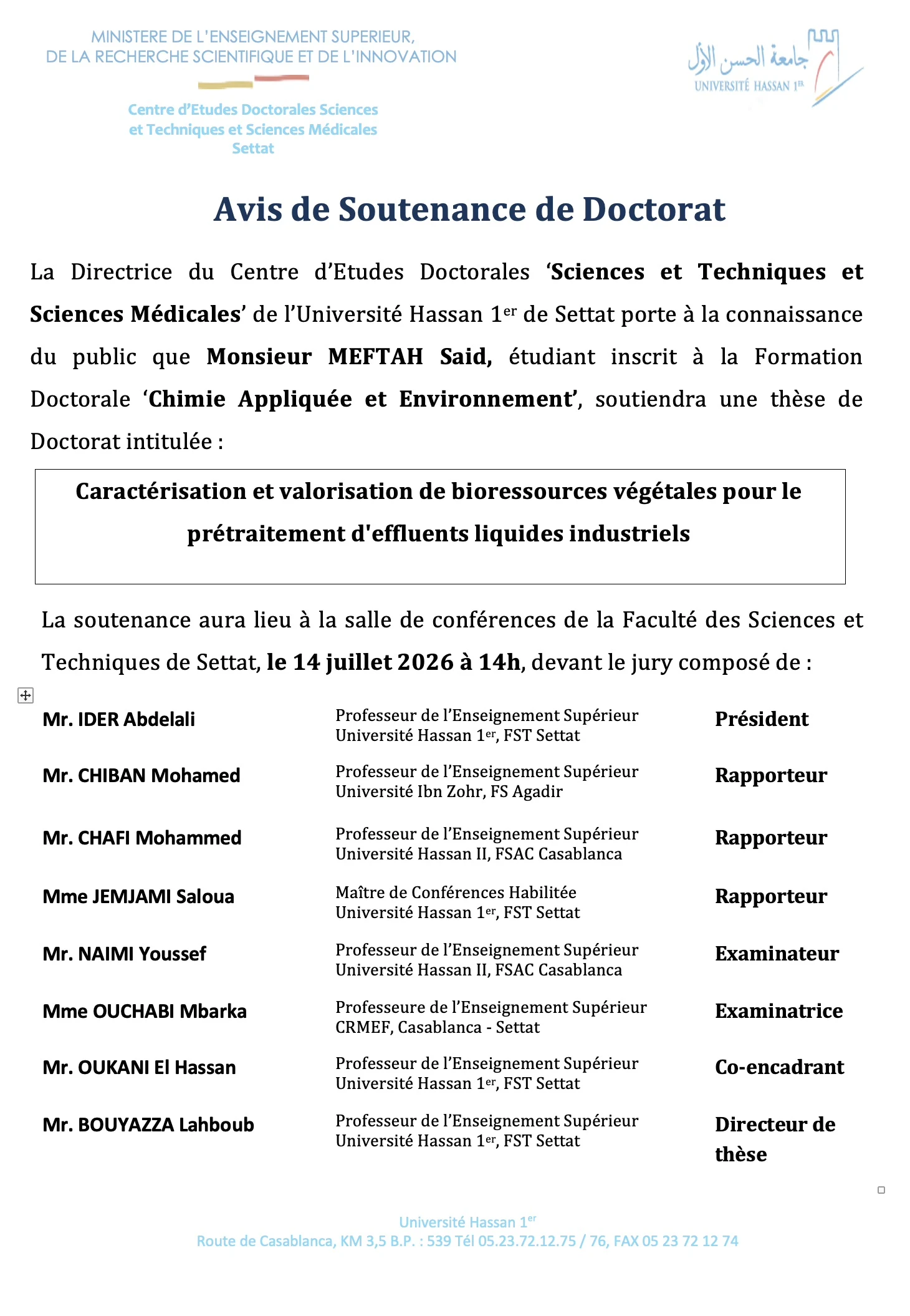 Avis de Soutenance de Doctorat