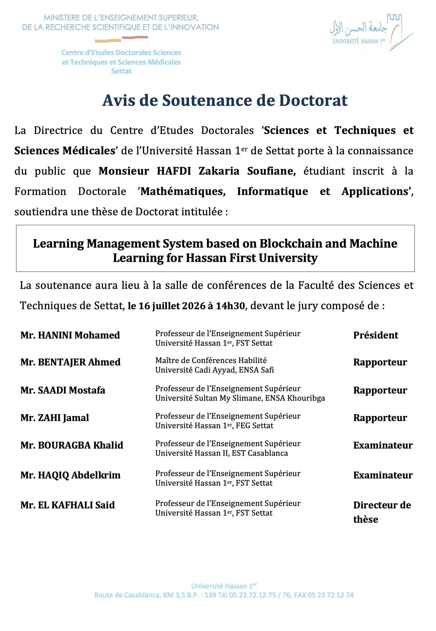 Avis de Soutenance de Doctorat