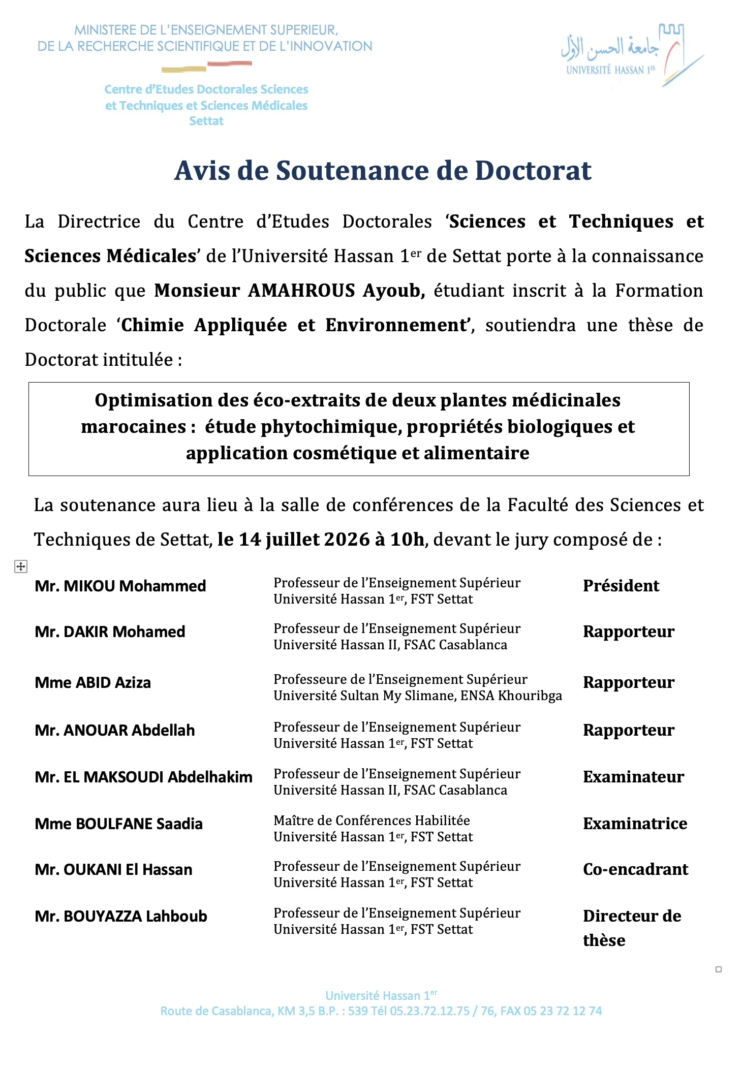 Avis de Soutenance de Doctorat