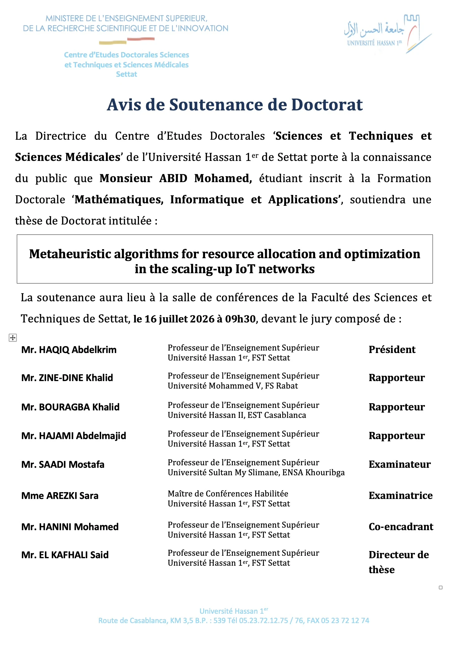 Avis de Soutenance de Doctorat